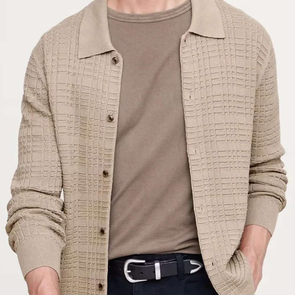 Banana Republic Plaid Texture Cotton Polo Cardigan, Khaki Beige, Medium, EUC